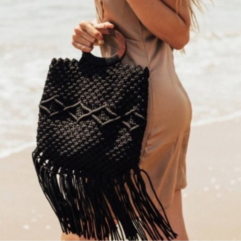 Danielle Nicole Macrame Fringe Tassel Wooden Handle Crossbody Bag in Black